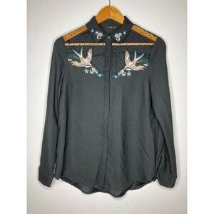 River Island Womens Size 10 Black Embroidered Birds Mesh Button Up Long Sleeve B